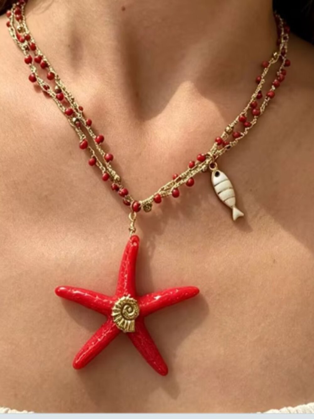 Red Gold Starfish Pendant Shell Fish Beach Layered Beaded Necklace